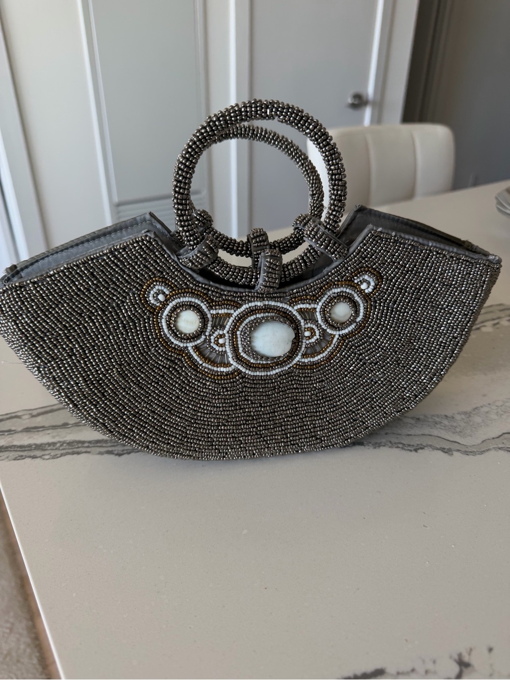 Hand-Beaded Gray Evening Handbag with Round Handles
